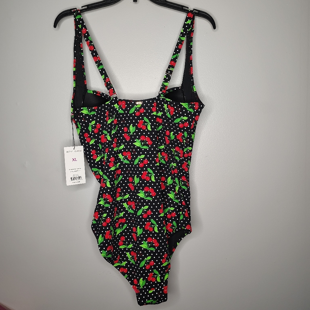 Betsy Johnson Black Sweetheart Cherry Ruched One-Piece Swimsuit Womens XL NWT - Picture 2 of 11